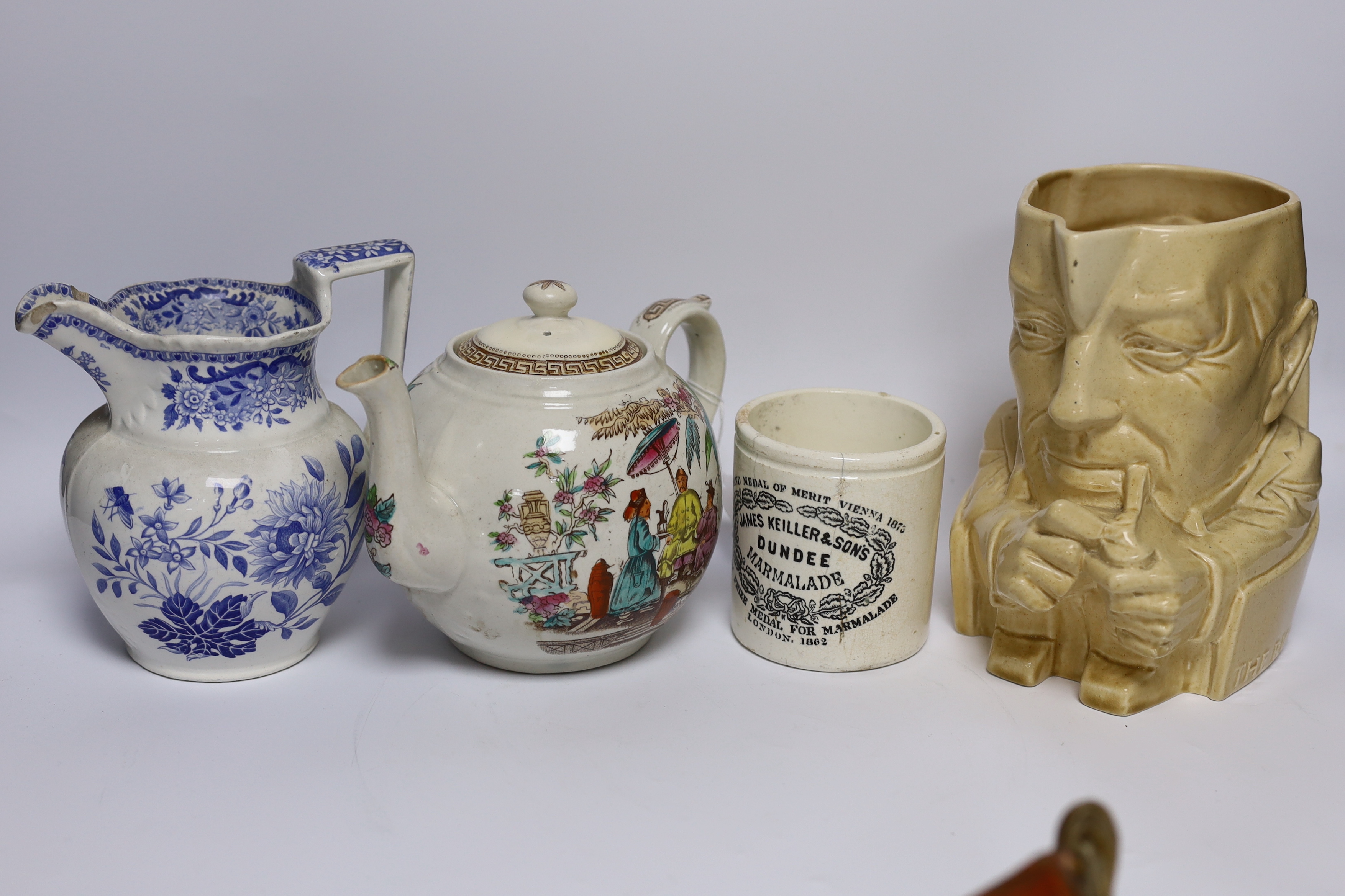 A mixed collection of porcelain to include a pair of transfer printed blue and white verse plates, Masons, Delft etc